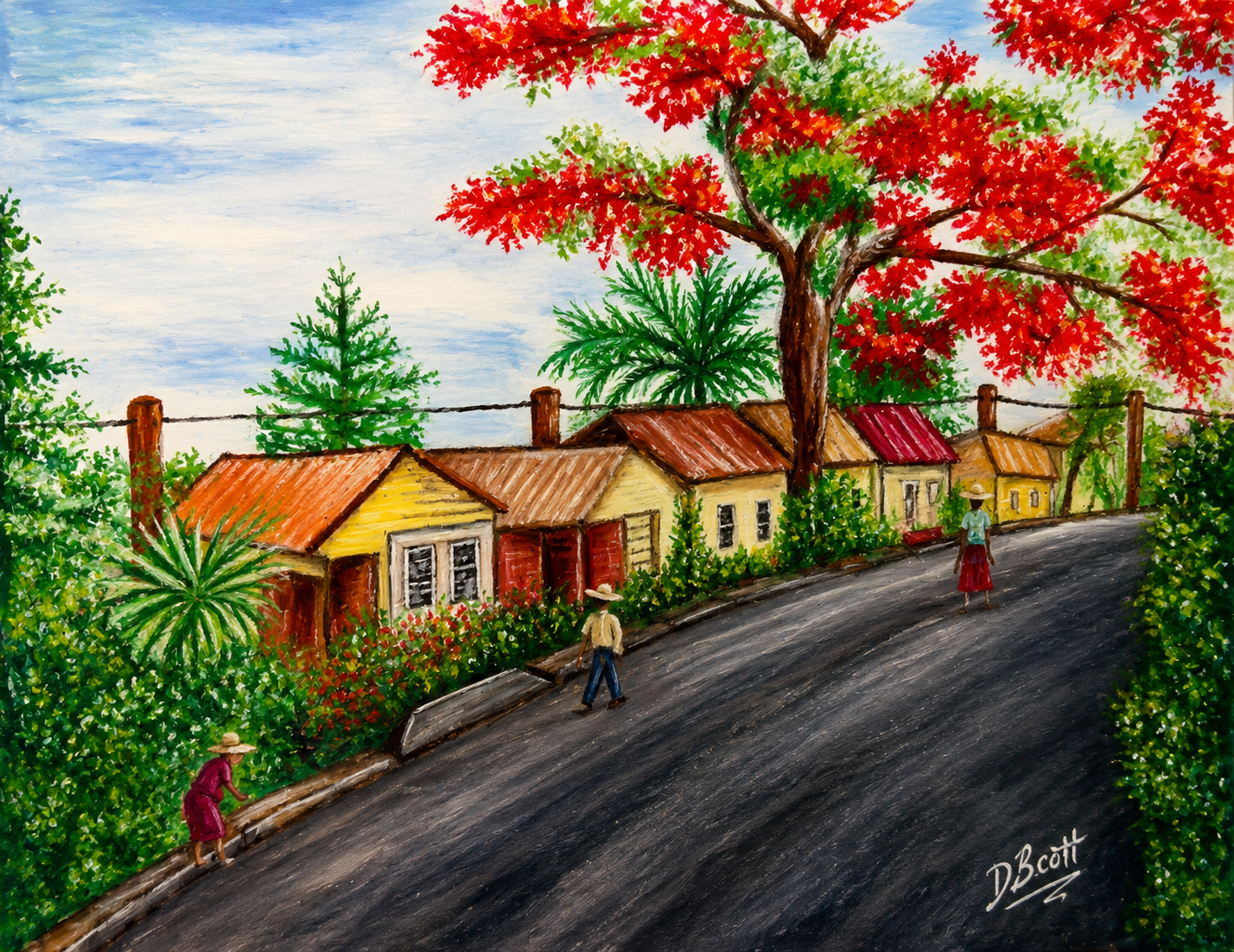 Colorful Village Road Beneath Blossoms