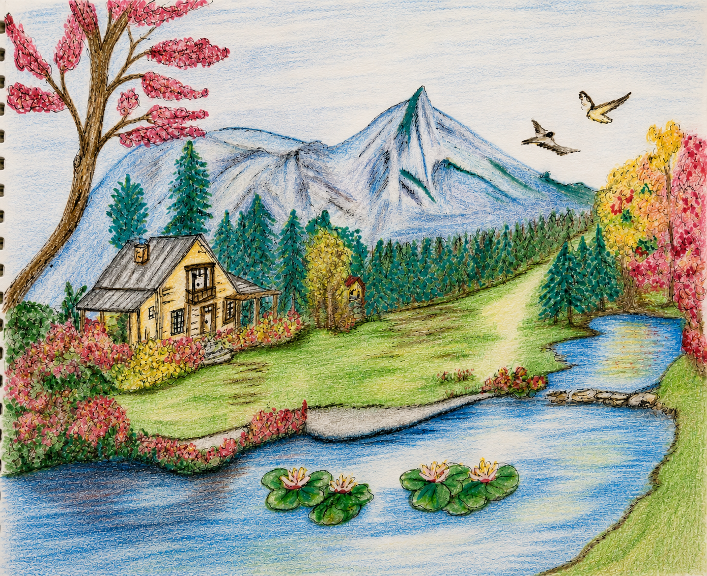 Lakeside Cabin Beneath Snowy Peaks