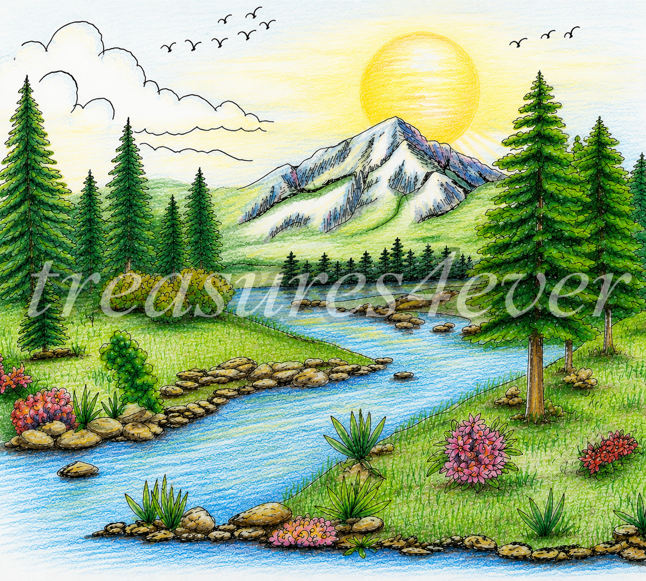 Sunlit Mountain Valley Riverscape