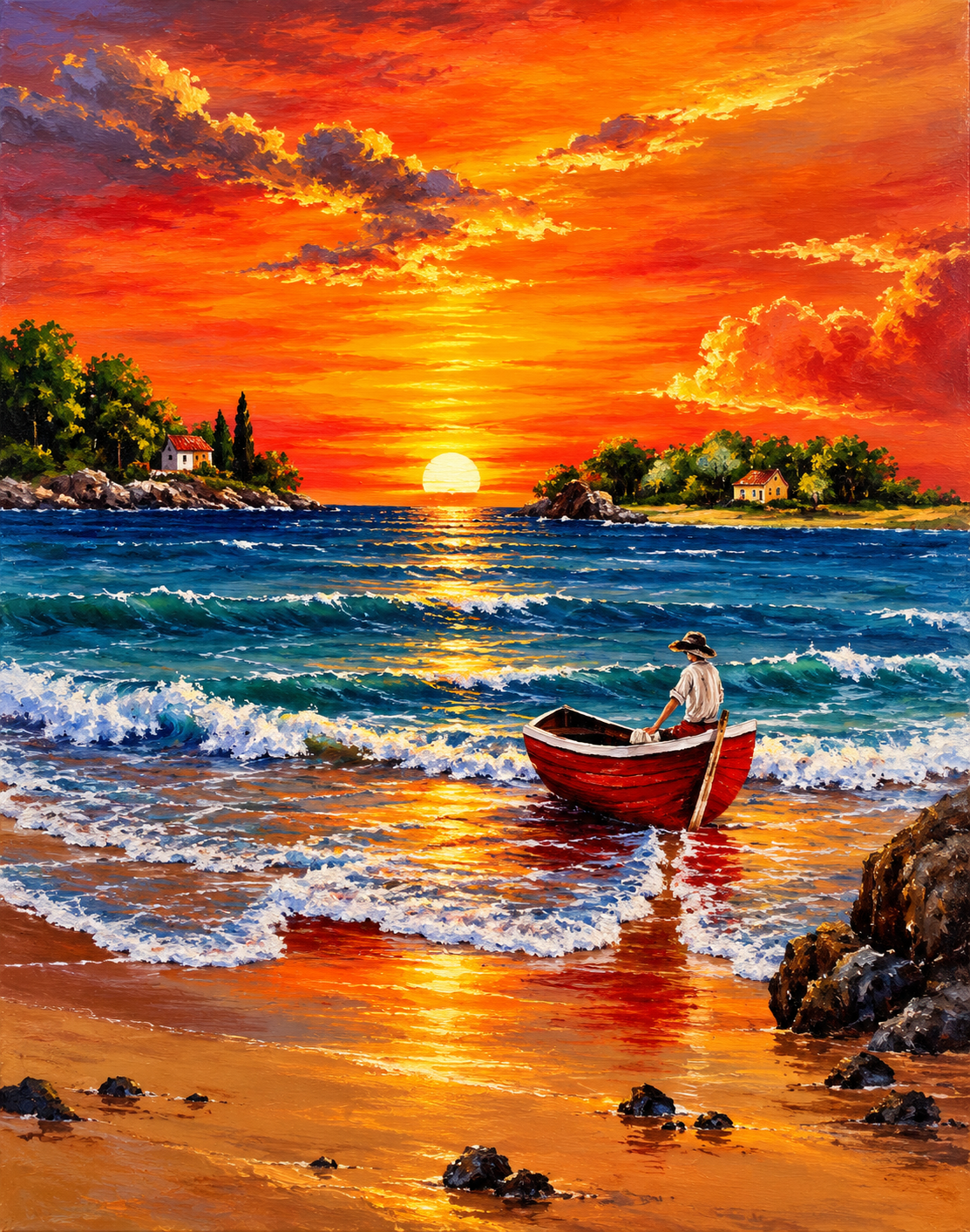 Sunset Rowboat Among Coastal Waves