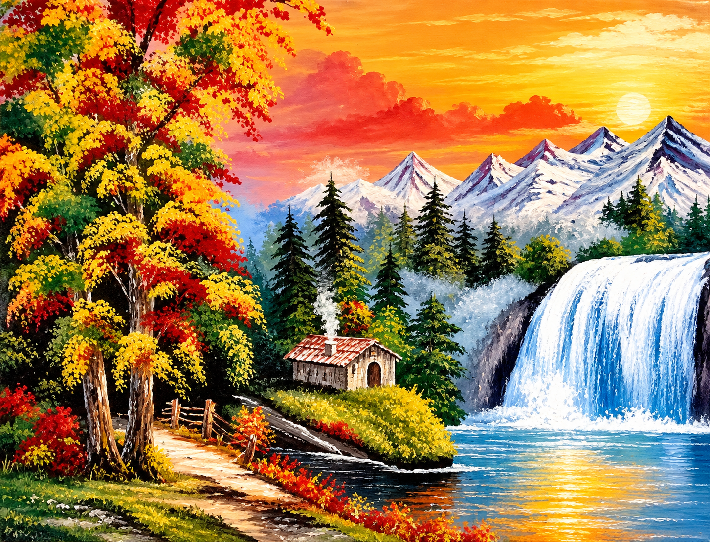 Sunset Waterfall Cabin Landscape