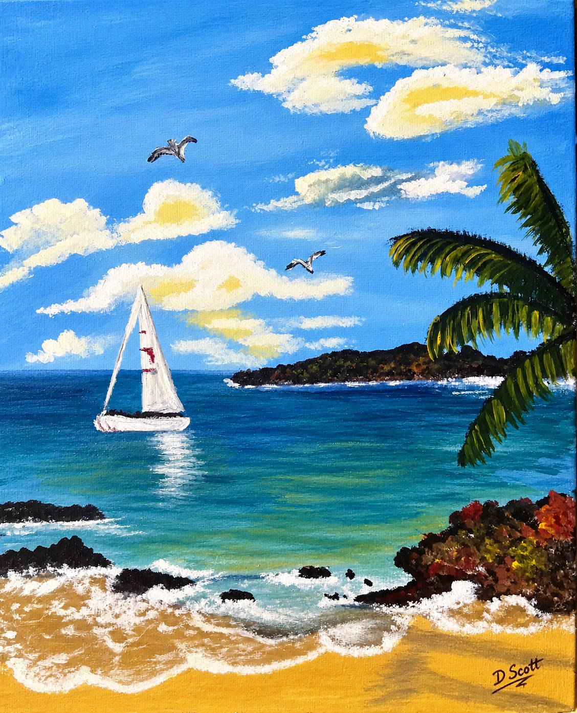 Tropical Seascape with Sailboat and Palms